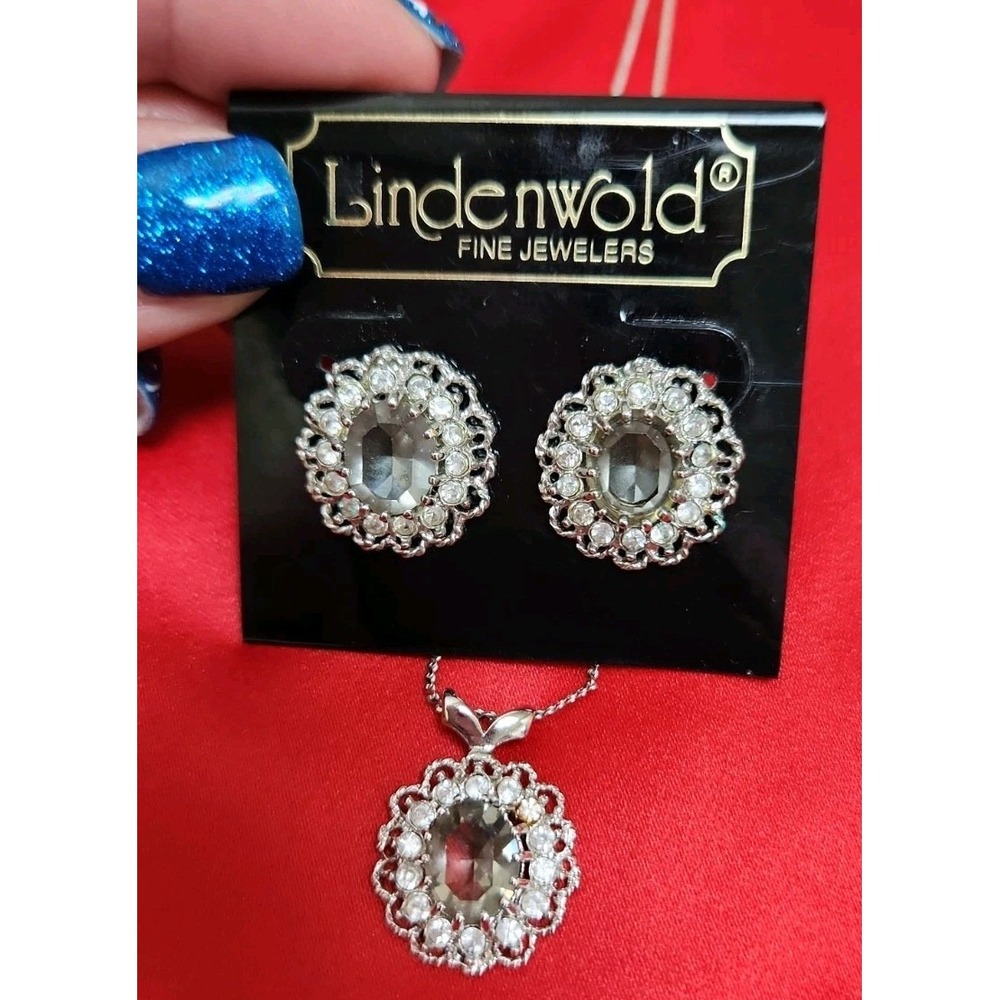 Lindenwold Fine Jewelers Smoky Quartz CZ 14kt HGE Necklace Earrings Set Vtg USA